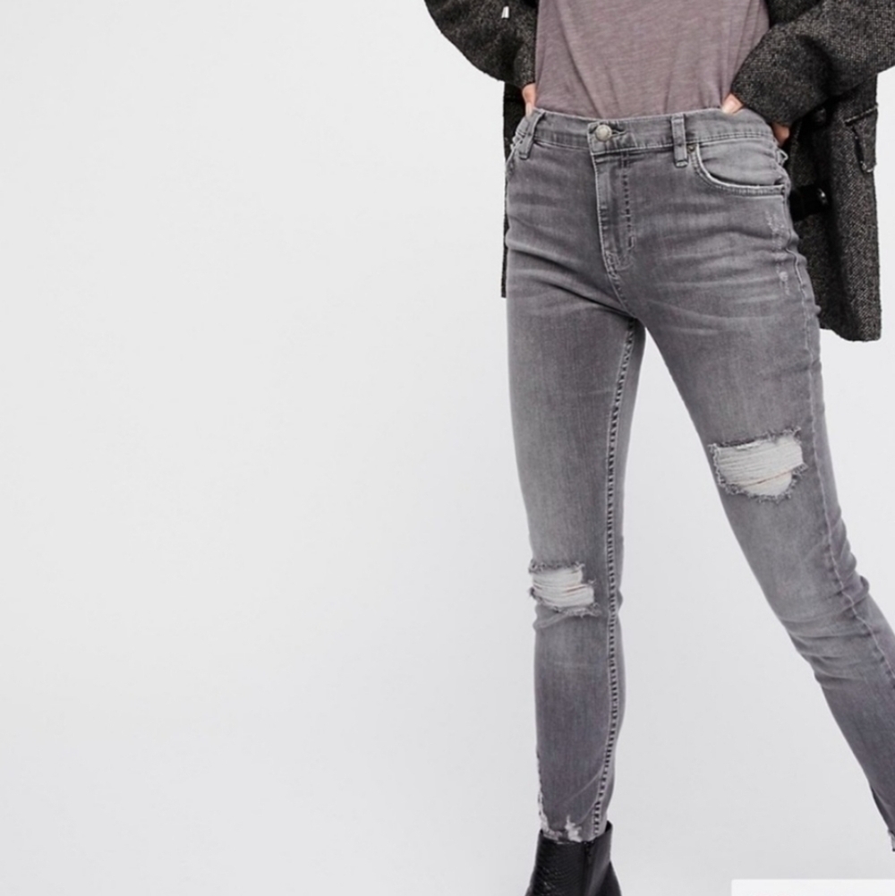 Free People Gray‎ Shark bite Hem Distressed Skinny